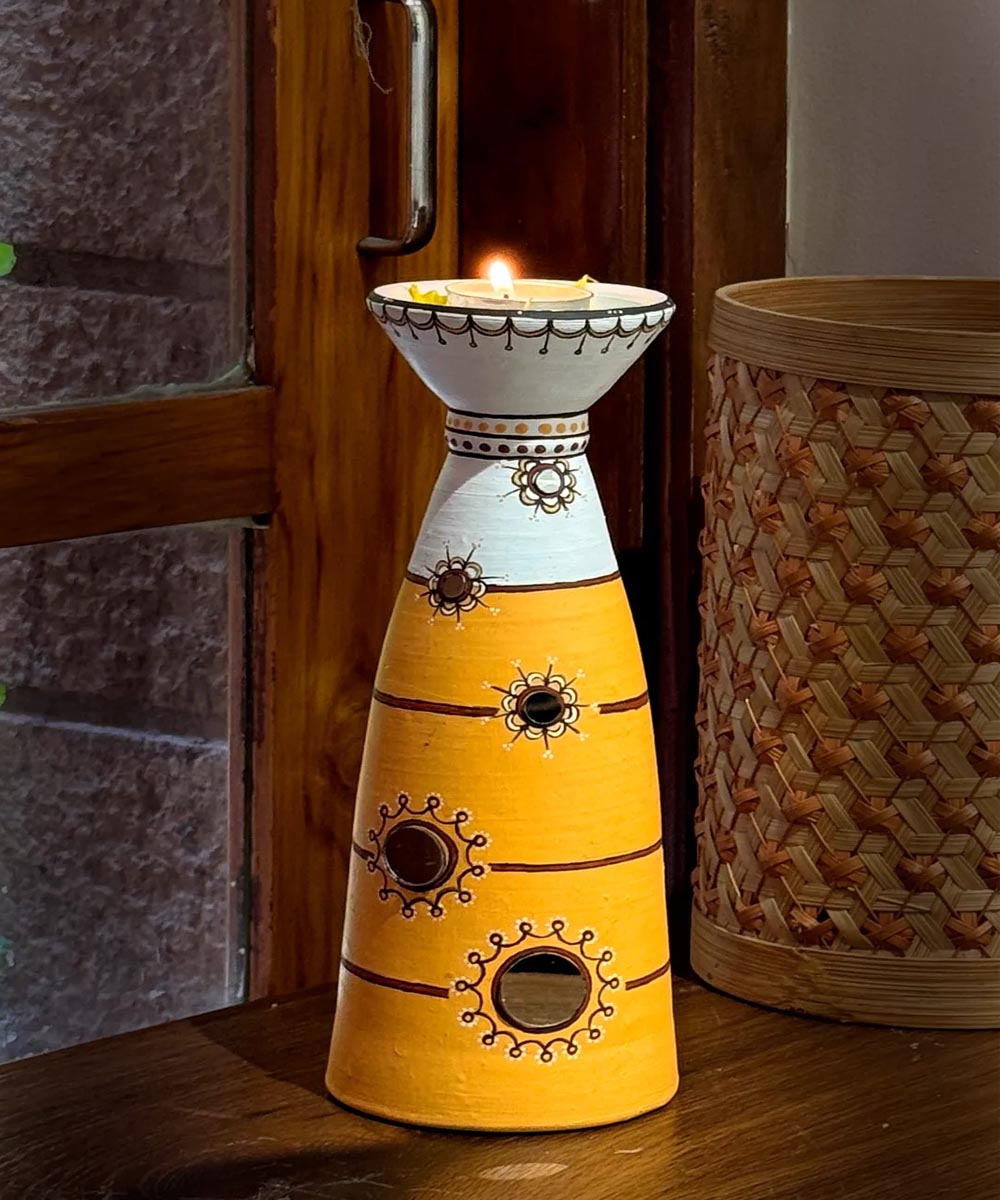 Yellow handcrafted decor terracotta disc diya-Set of 5