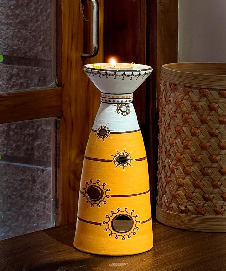 Yellow handcrafted decor terracotta disc diya-Set of 5