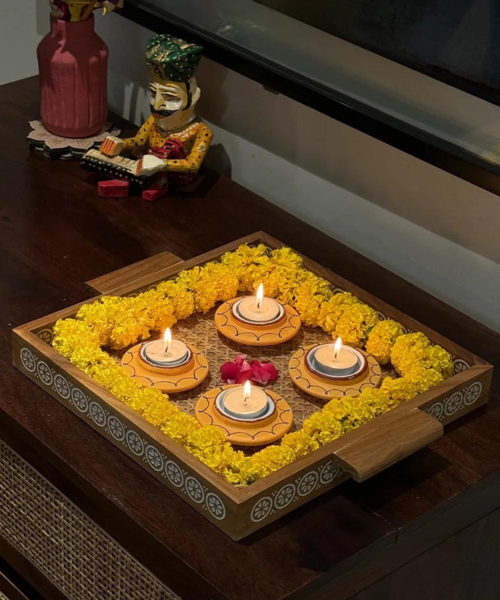 Yellow handcrafted decor terracotta disc diya-Set of 5
