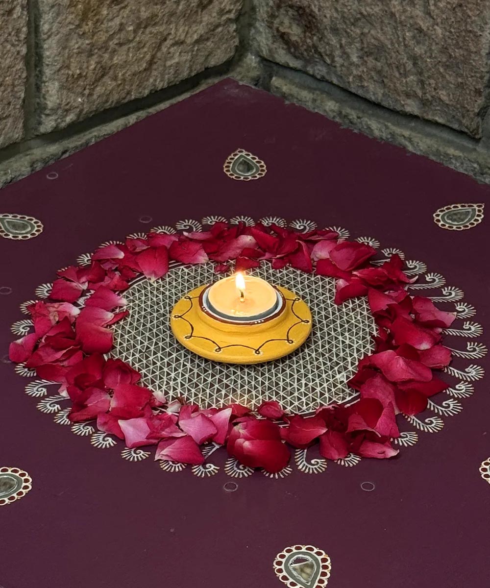 Yellow handcrafted decor terracotta disc diya-Set of 5