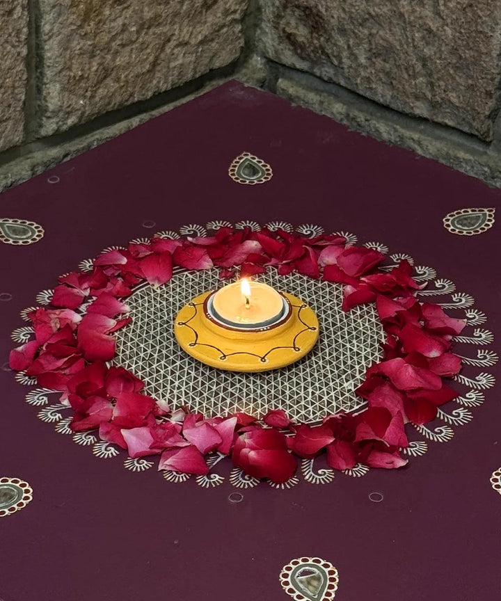 Yellow handcrafted decor terracotta disc diya-Set of 5