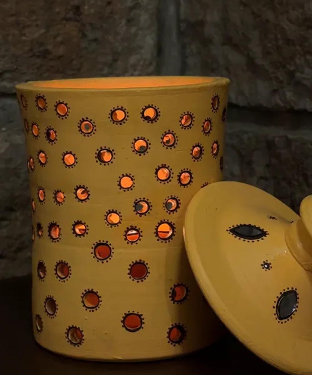 Yellow handcrafted decor terracotta jar diya