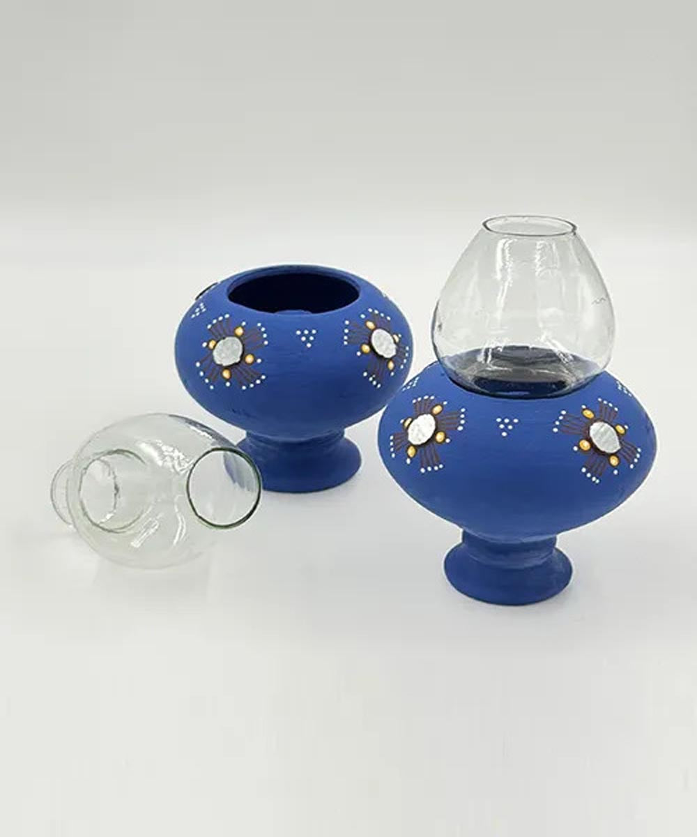 Cyan Blue handcrafted decor terracotta Oil Lamp-Set of 2