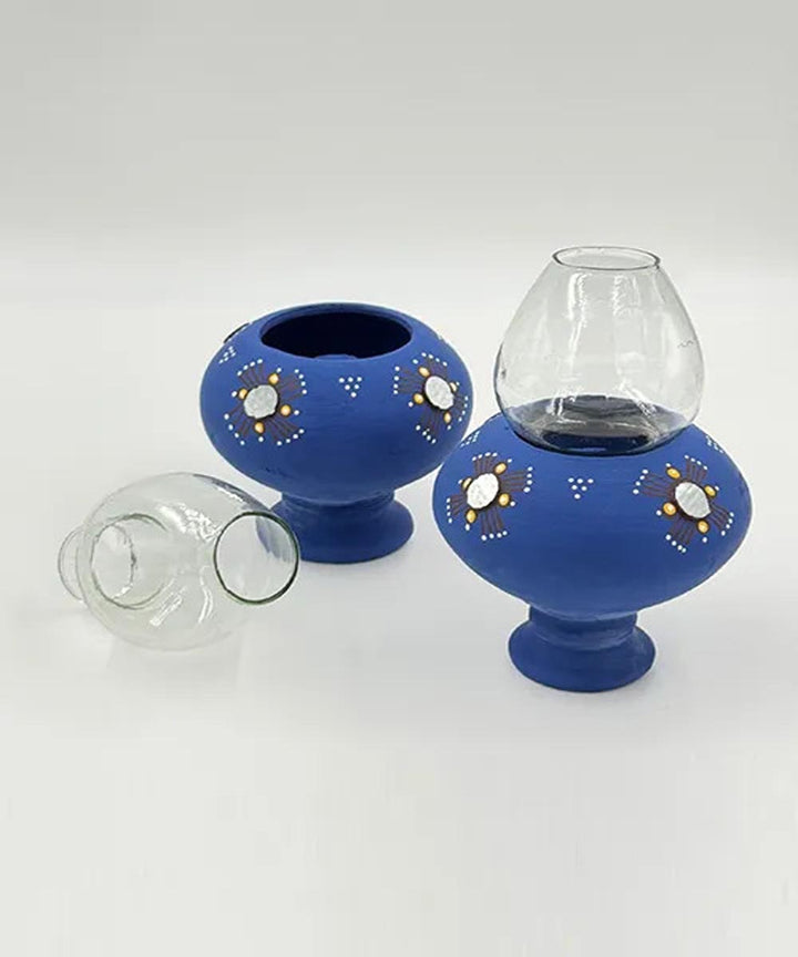 Cyan Blue handcrafted decor terracotta Oil Lamp-Set of 2