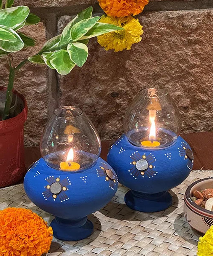 Cyan Blue handcrafted decor terracotta Oil Lamp-Set of 2