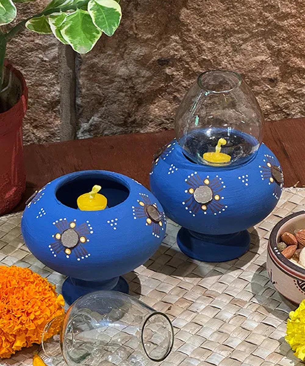 Cyan Blue handcrafted decor terracotta Oil Lamp-Set of 2