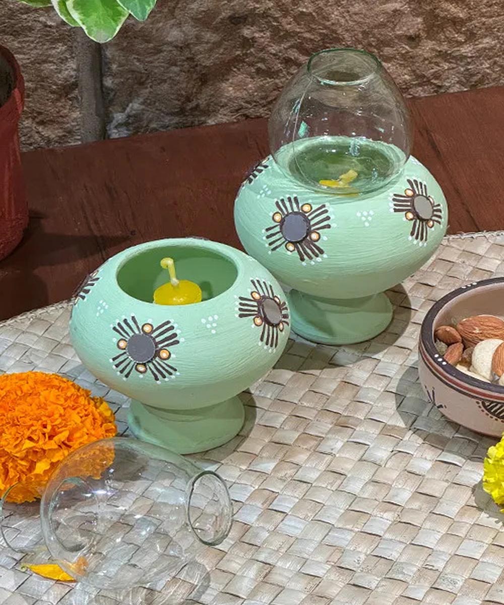 Cyan Green handcrafted decor terracotta Oil Lamp-Set of 2