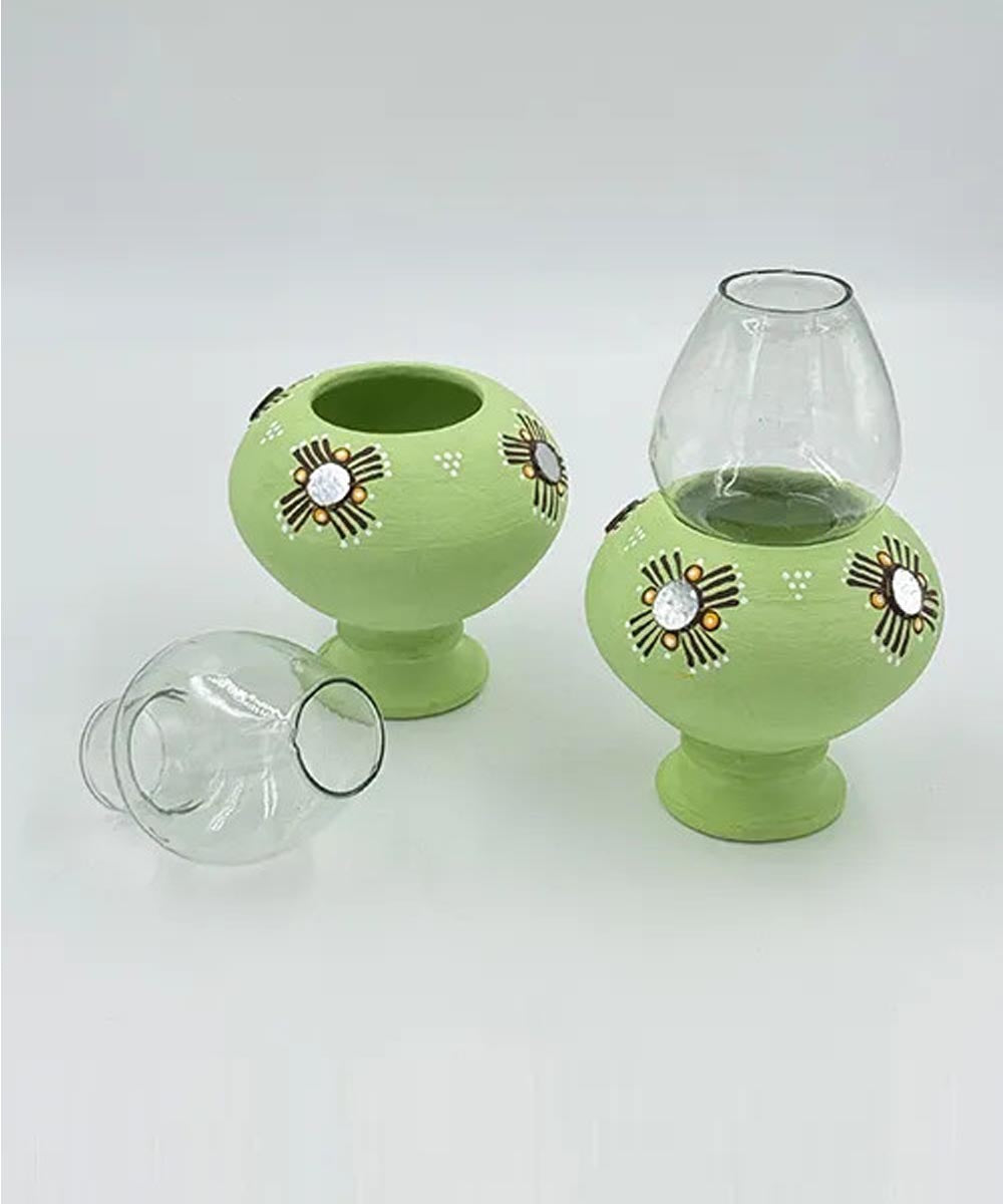 Cyan Green handcrafted decor terracotta Oil Lamp-Set of 2