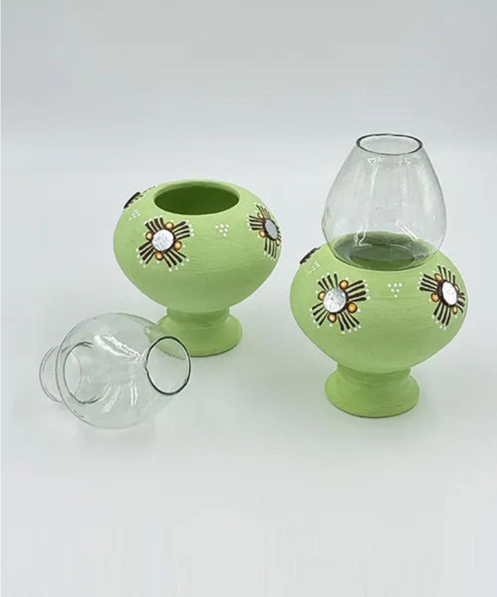 Cyan Green handcrafted decor terracotta Oil Lamp-Set of 2
