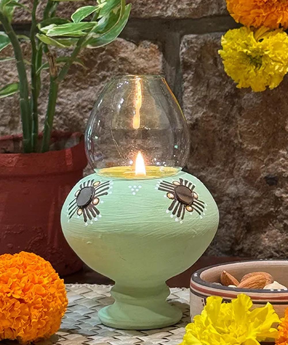Cyan Green handcrafted decor terracotta Oil Lamp-Set of 2