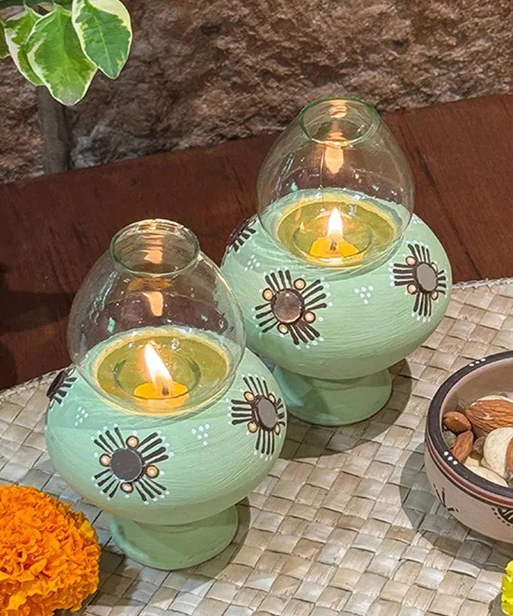 Cyan Green handcrafted decor terracotta Oil Lamp-Set of 2