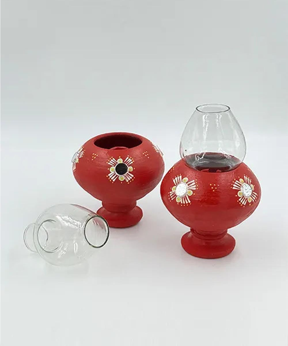 Red handcrafted decor terracotta Oil Lamp-Set of 2