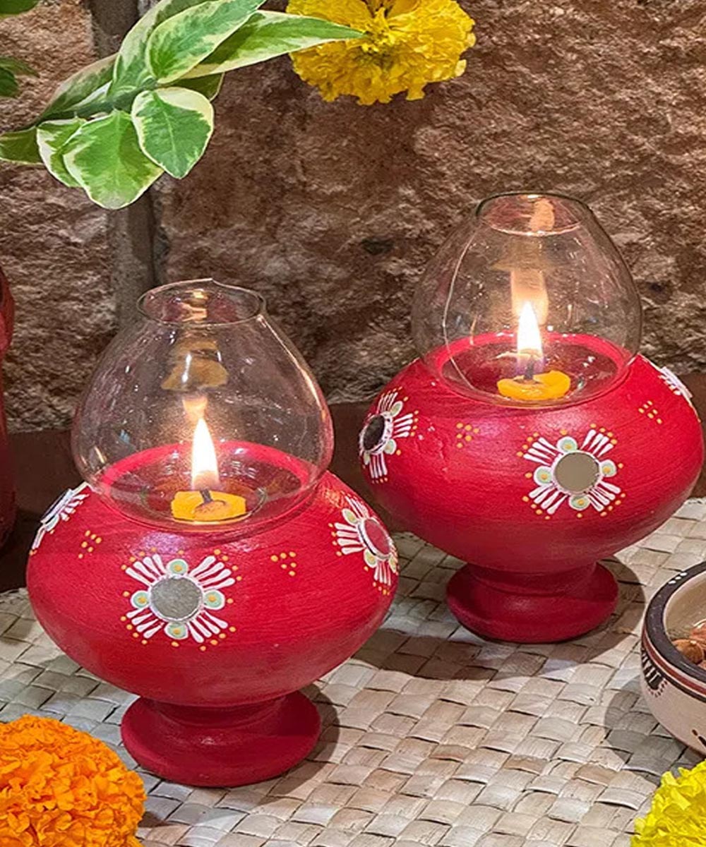 Red handcrafted decor terracotta Oil Lamp-Set of 2