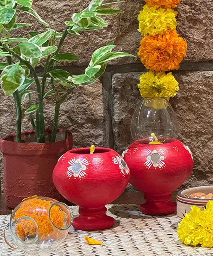 Red handcrafted decor terracotta Oil Lamp-Set of 2