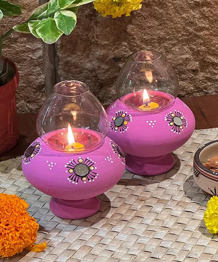 Purple handcrafted decor terracotta Oil Lamp-Set of 2