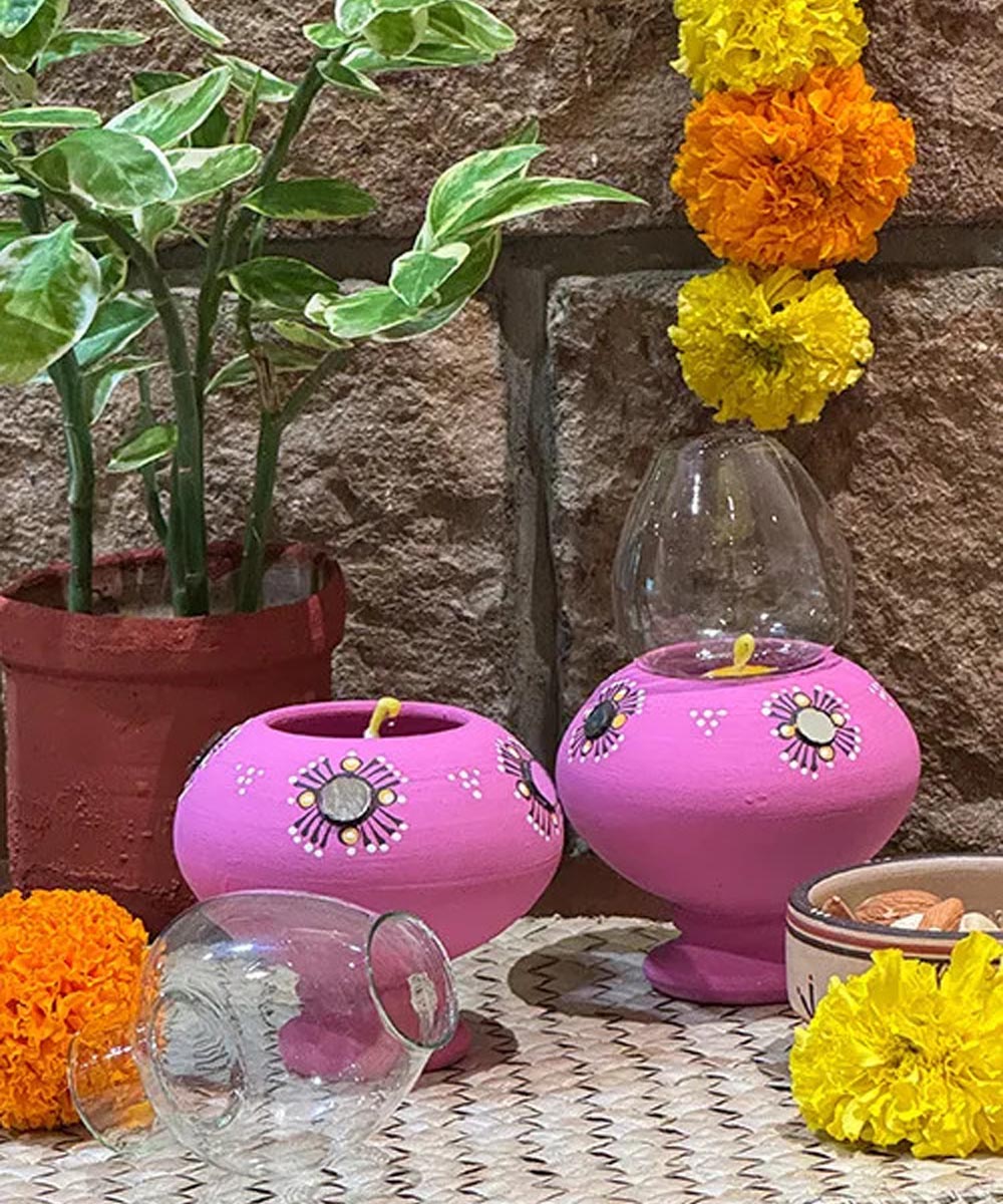 Purple handcrafted decor terracotta Oil Lamp-Set of 2
