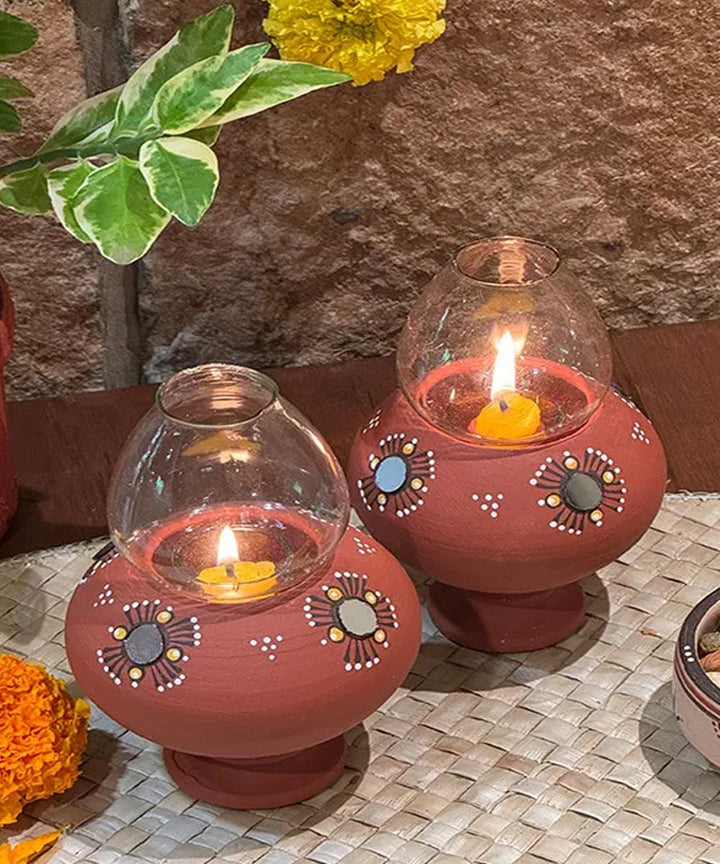 Brown handcrafted decor terracotta Oil Lamp-Set of 2