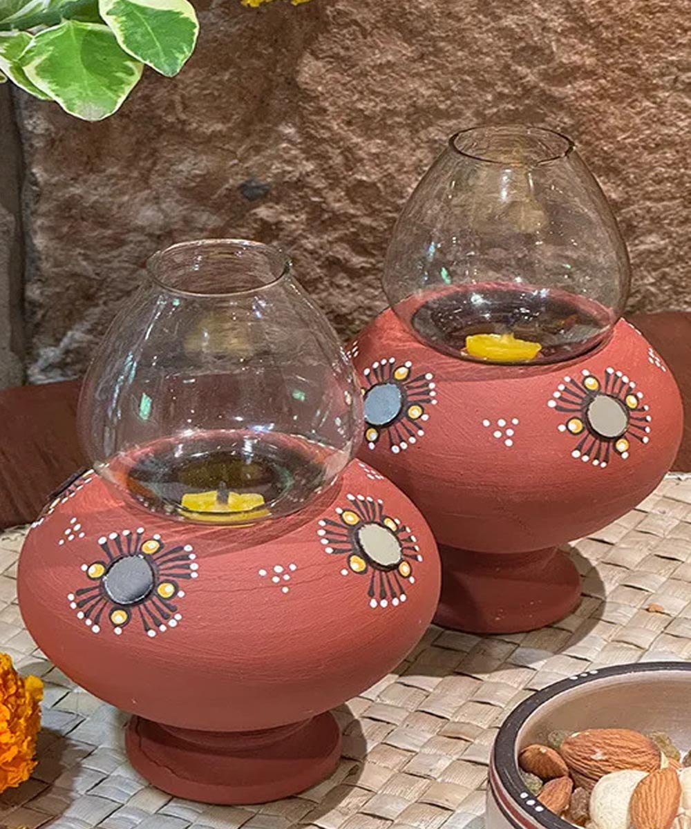Brown handcrafted decor terracotta Oil Lamp-Set of 2