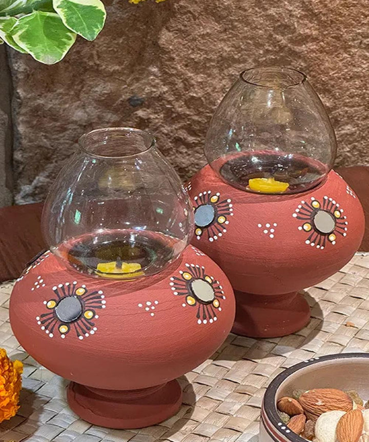 Brown handcrafted decor terracotta Oil Lamp-Set of 2
