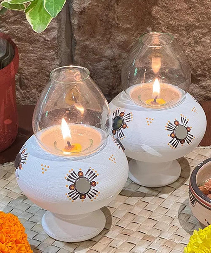 White handcrafted decor terracotta Oil Lamp-Set of 2