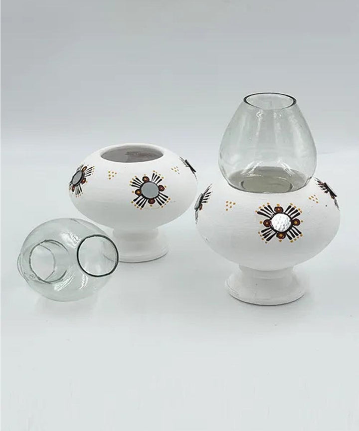White handcrafted decor terracotta Oil Lamp-Set of 2