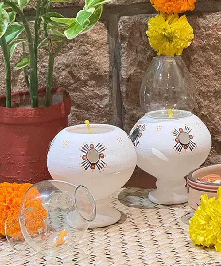 White handcrafted decor terracotta Oil Lamp-Set of 2