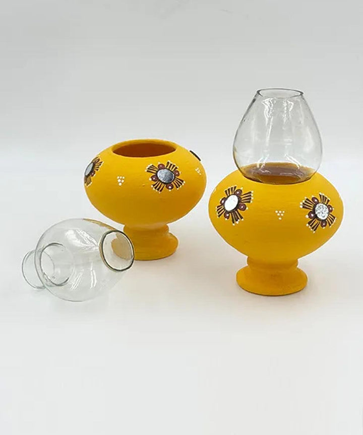 Yellow handcrafted decor terracotta Oil Lamp-Set of 2