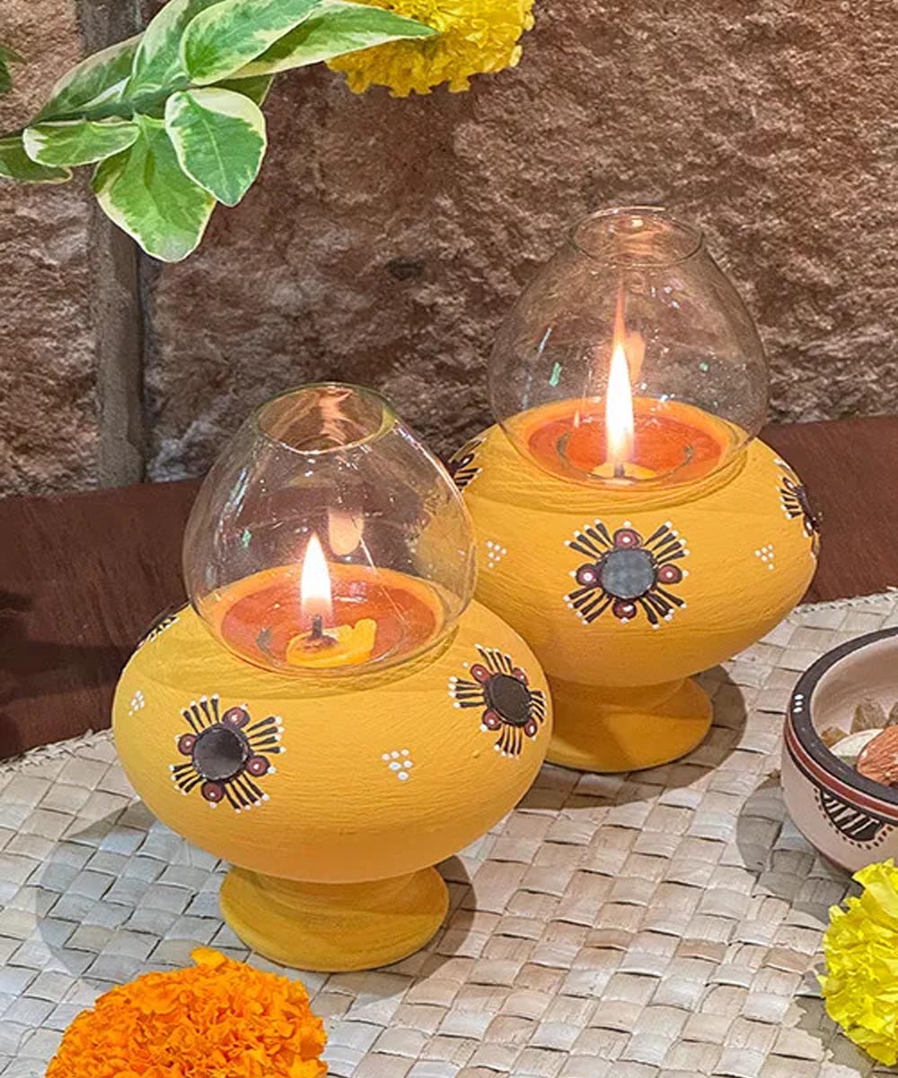 Yellow handcrafted decor terracotta Oil Lamp-Set of 2
