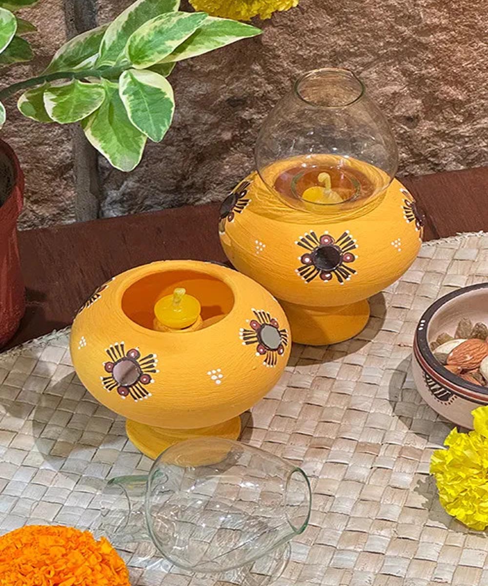 Yellow handcrafted decor terracotta Oil Lamp-Set of 2