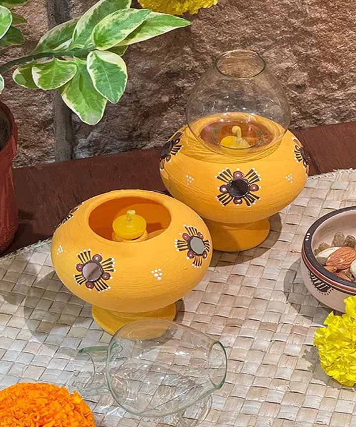 Yellow handcrafted decor terracotta Oil Lamp-Set of 2
