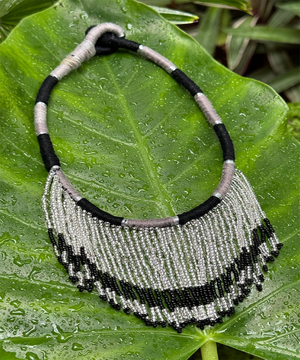 Black gray handcrafted patwa bead work necklace