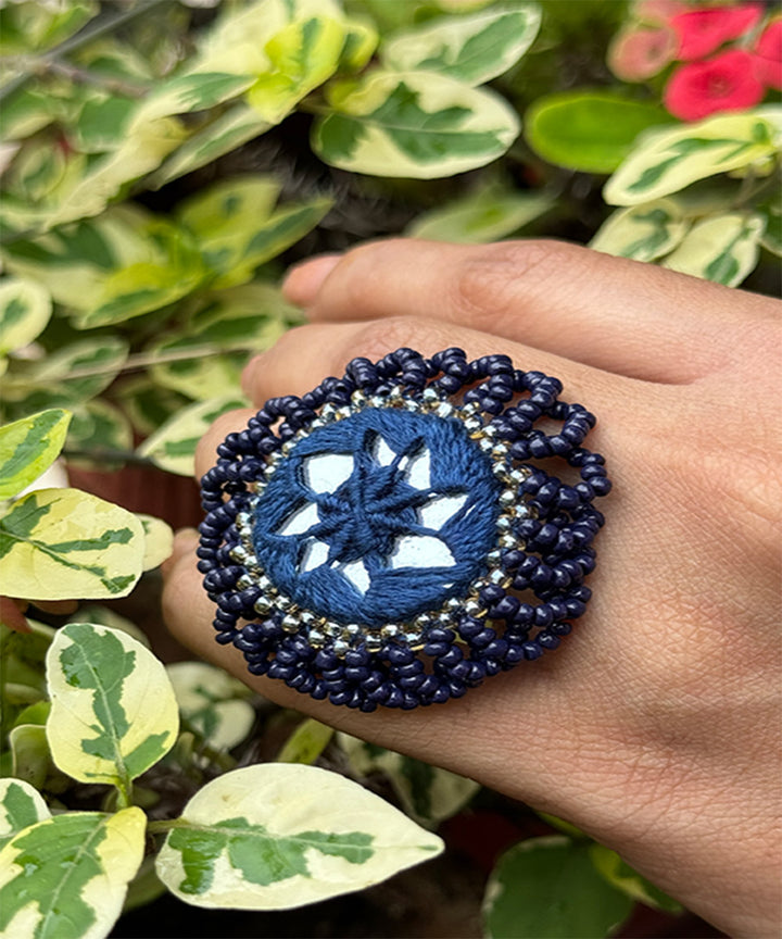 Blue handcrafted patwa bead work ring