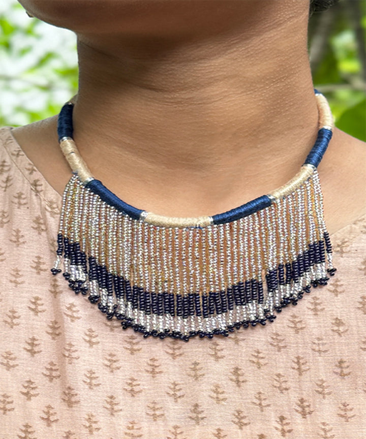 Blue and cream handcrafted patwa bead work necklace