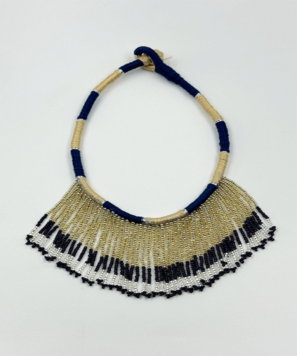 Blue and cream handcrafted patwa bead work necklace