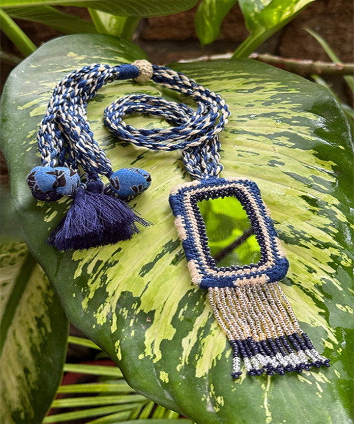 Blue cream handcrafted patwa mirror bead work necklace