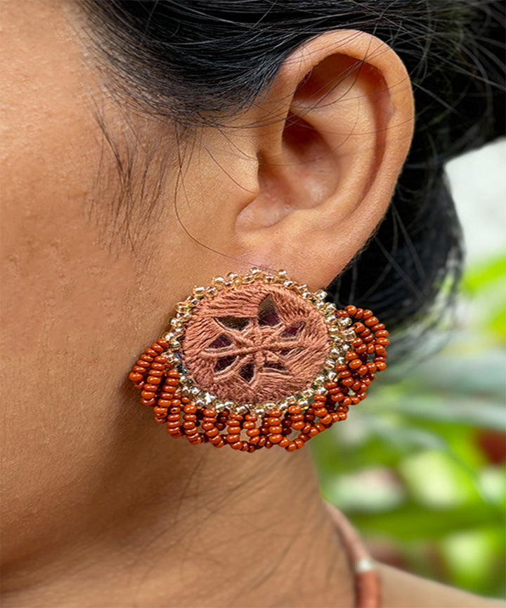 Brown handcrafted mirror bead work earring