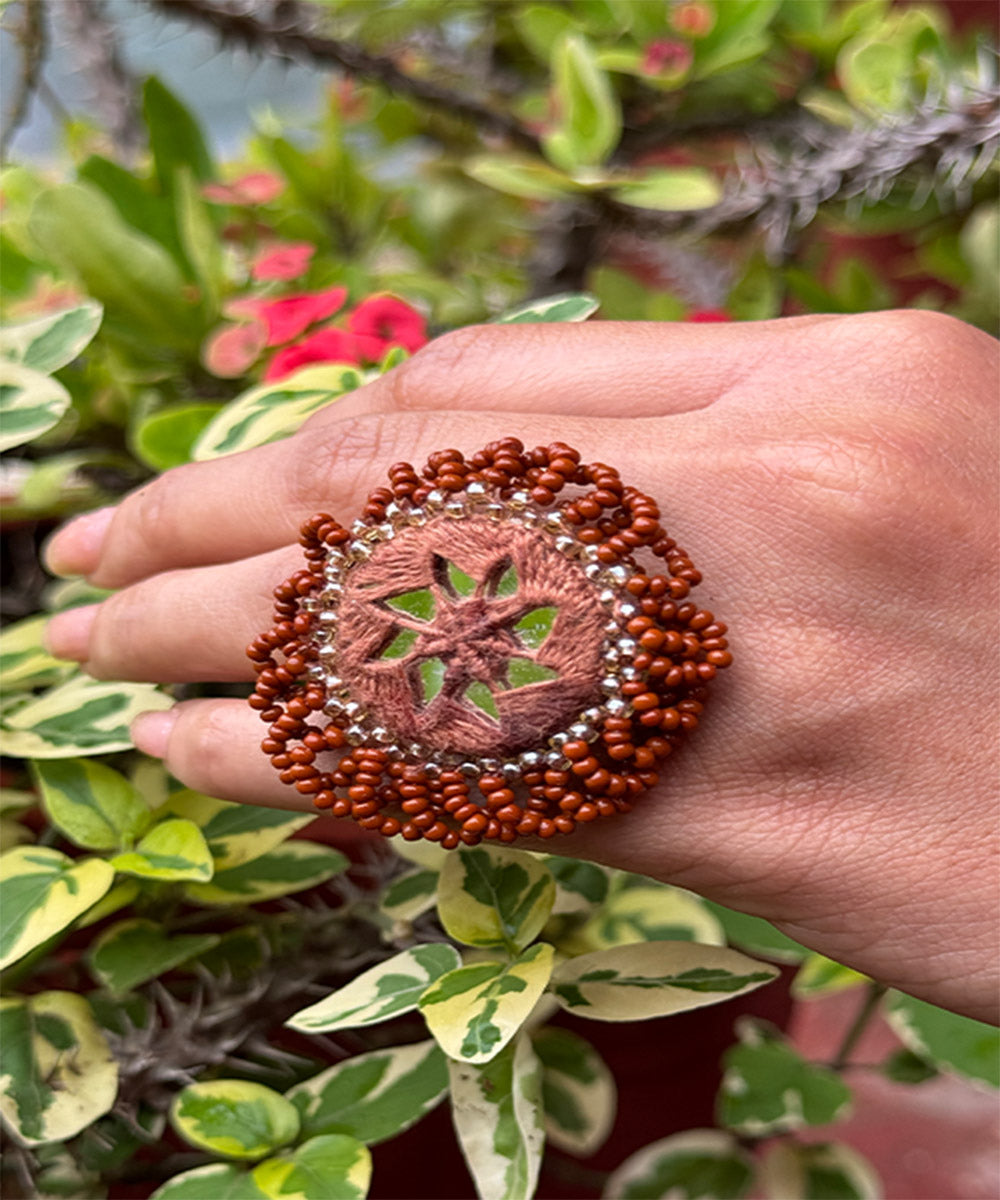 Brown handcrafted mirror bead work ring