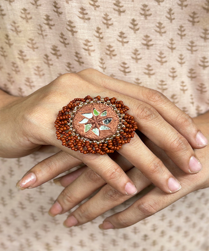 Brown handcrafted mirror bead work ring