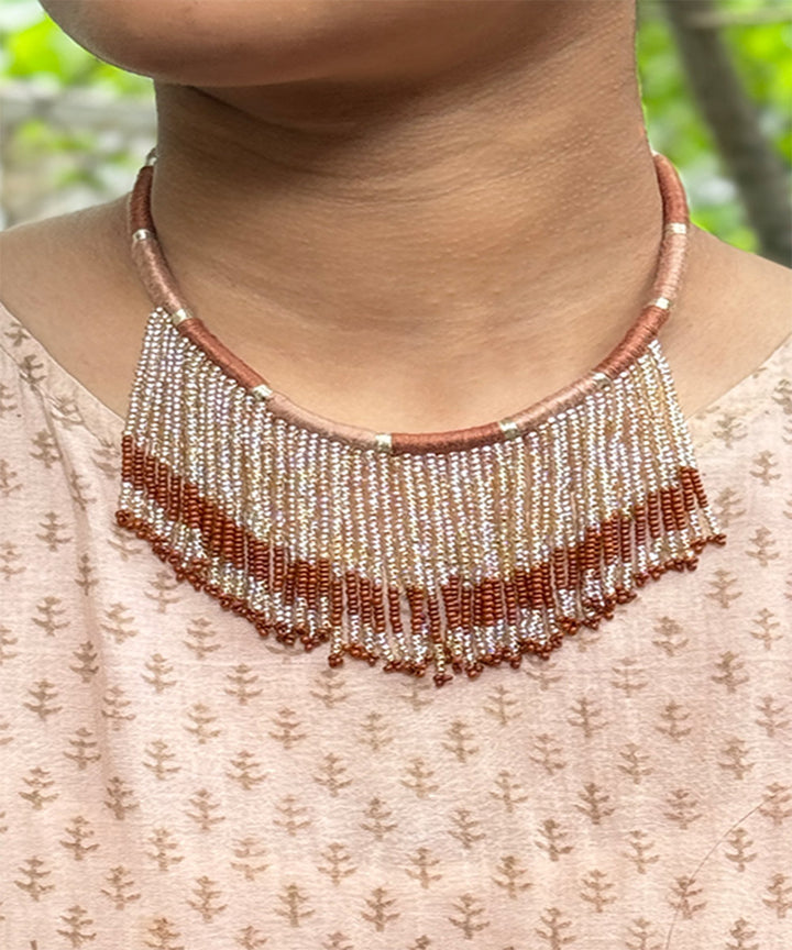 Brown cream handcrafted patwa bead work necklace