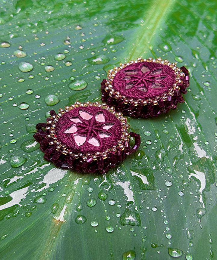 Wine handcrafted mirror bead work earring