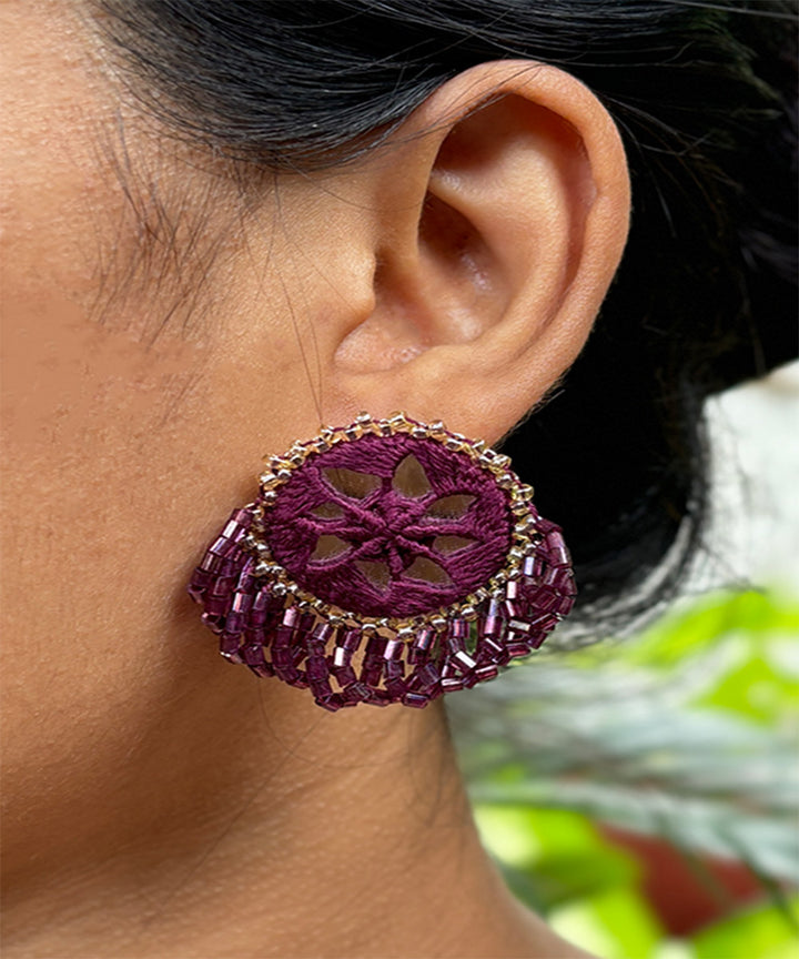 Wine handcrafted mirror bead work earring