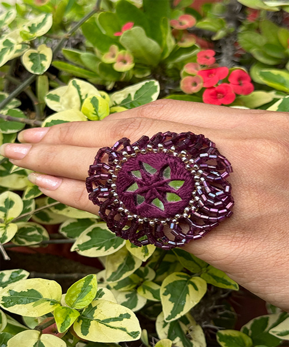 Wine handcrafted mirror bead work ring