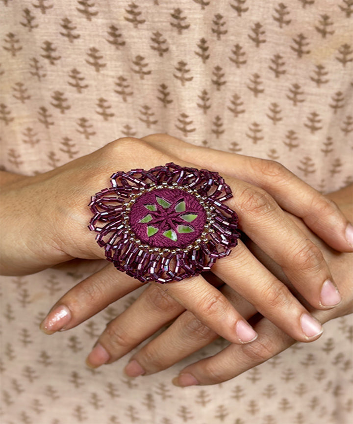 Wine handcrafted mirror bead work ring