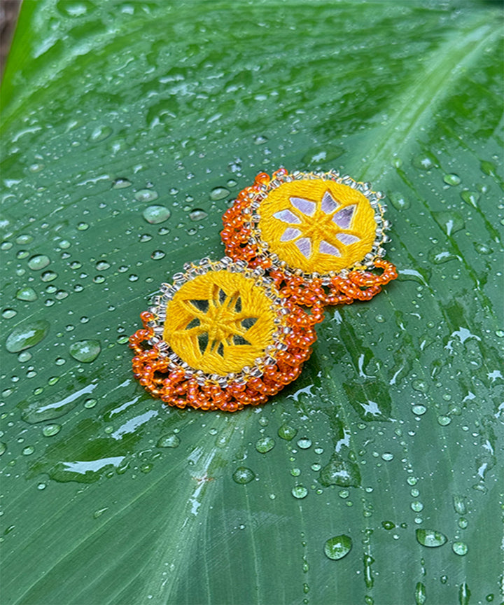 Yellow orange handcrafted mirror bead work earring