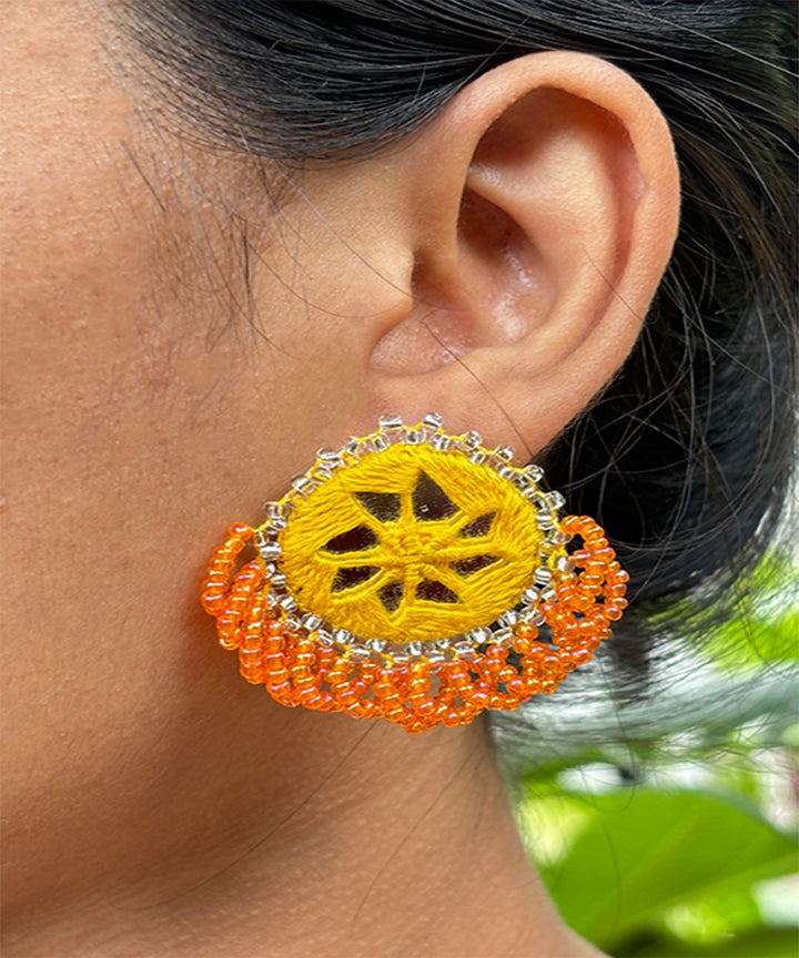 Yellow orange handcrafted mirror bead work earring