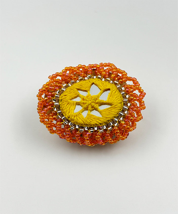 Yellow orange handcrafted mirror bead work ring