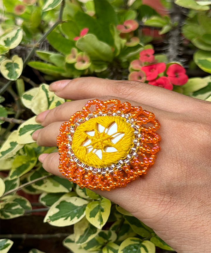 Yellow orange handcrafted mirror bead work ring