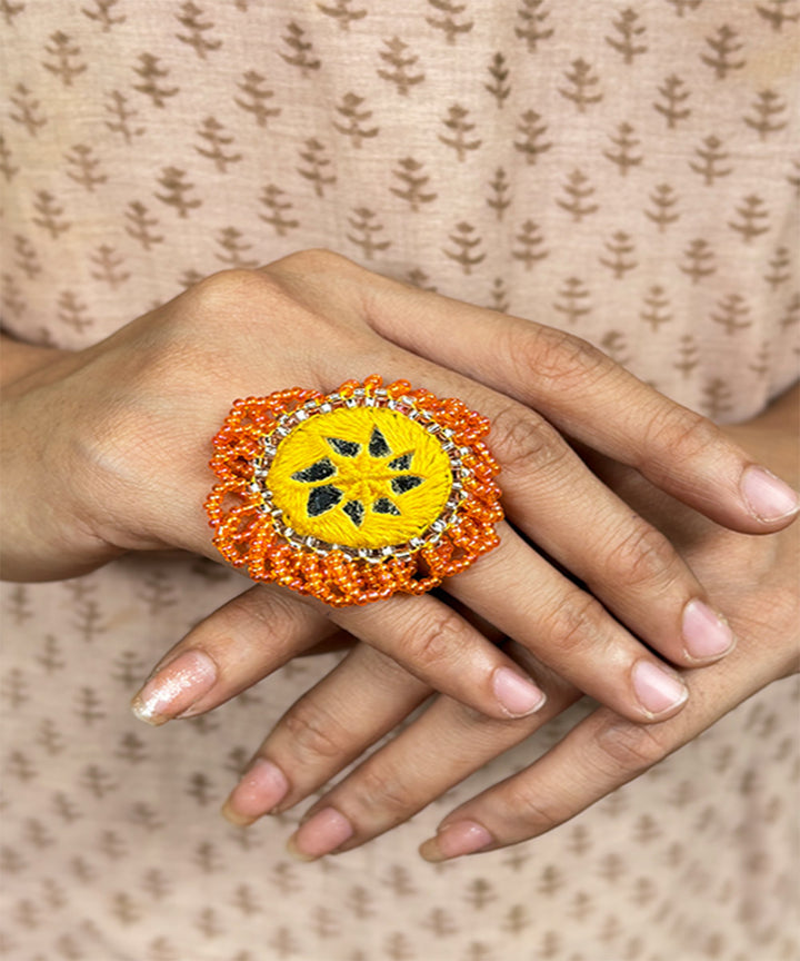 Yellow orange handcrafted mirror bead work ring