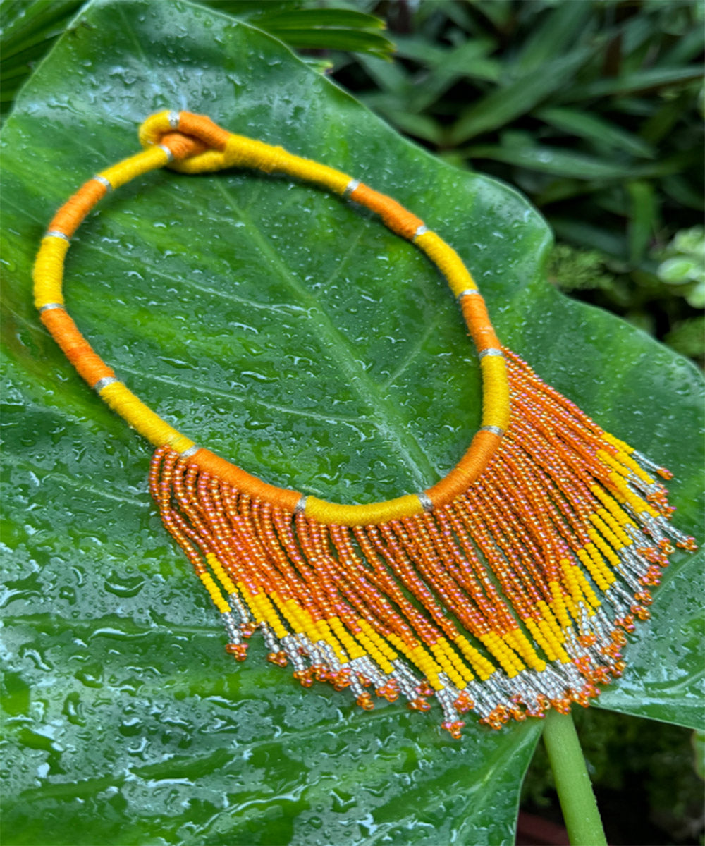 Yellow orange handcrafted patwa bead work necklace