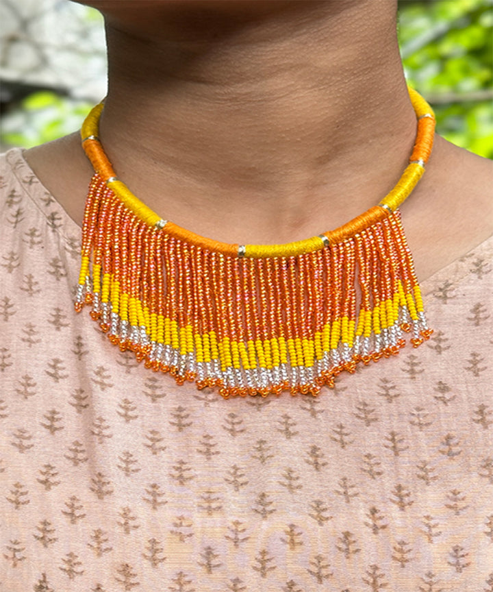 Yellow orange handcrafted patwa bead work necklace